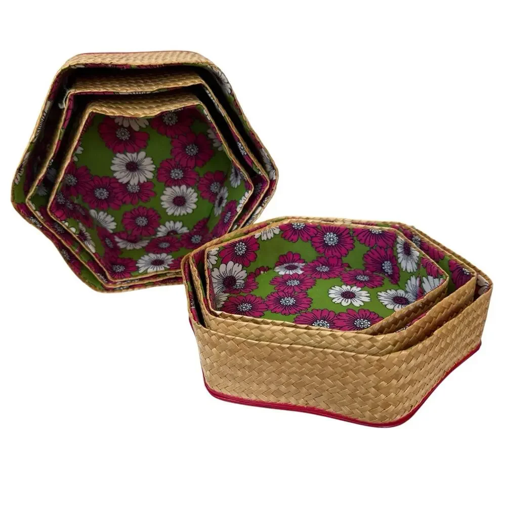 3 Piece Vintage Nesting Baskets With Lids Woven Sewing Storage Sweetgrass